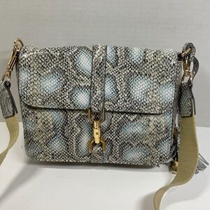 GILI Genuine Leather Snakeskin Embossed Crossbody Bag Grey Blue Gold Hardware